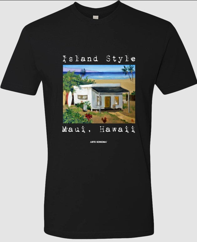 Black t-shirt with 'Island Style Maui, Hawaii' graphic on a plain background