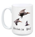 Mug with pelican illustrations and 'Bodega Bay' text on a white background