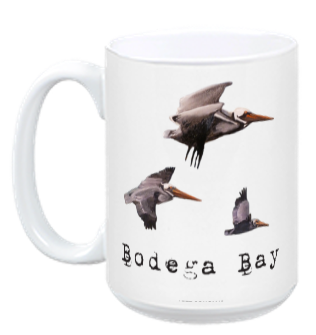 Mug with pelican illustrations and 'Bodega Bay' text on a white background