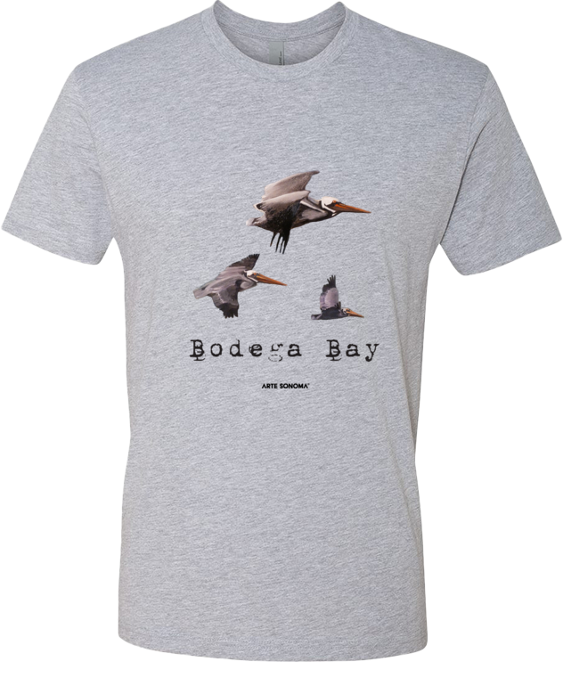 Gray t-shirt with pelican design and 'Bodega Bay' text on a white background