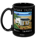 Black mug with a scenic design of a beach house and text 'Island Style Waiu, Hawaii'.