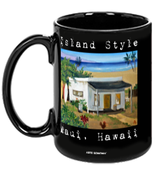 Black mug with a scenic design of a beach house and text 'Island Style Waiu, Hawaii'.