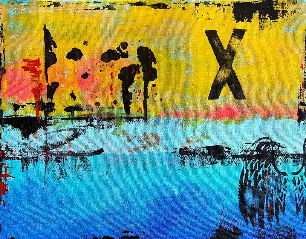 Abstract artwork with colorful brush strokes and a large 'X' on a yellow and blue background.