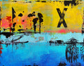 Abstract artwork with colorful brush strokes and a large 'X' on a yellow and blue background.