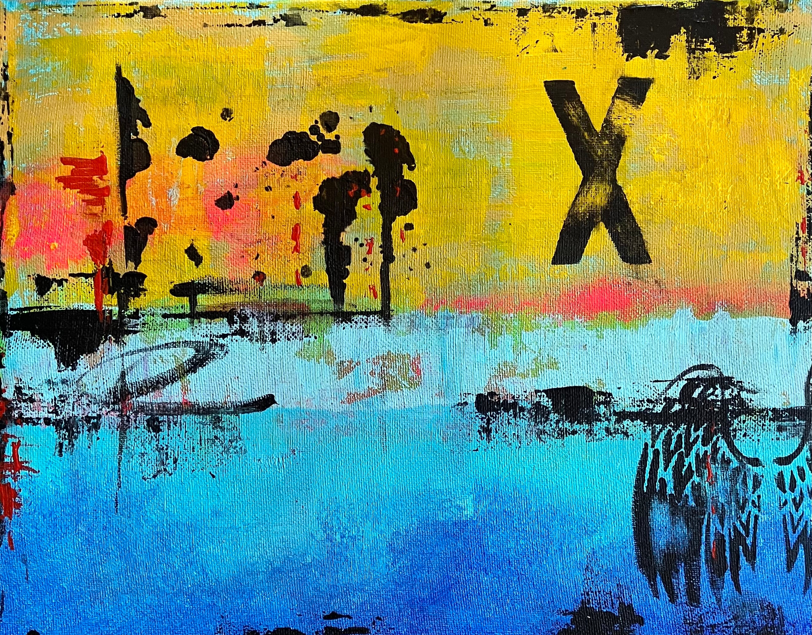 Abstract artwork with colorful brush strokes and a large 'X' on a yellow and blue background.
