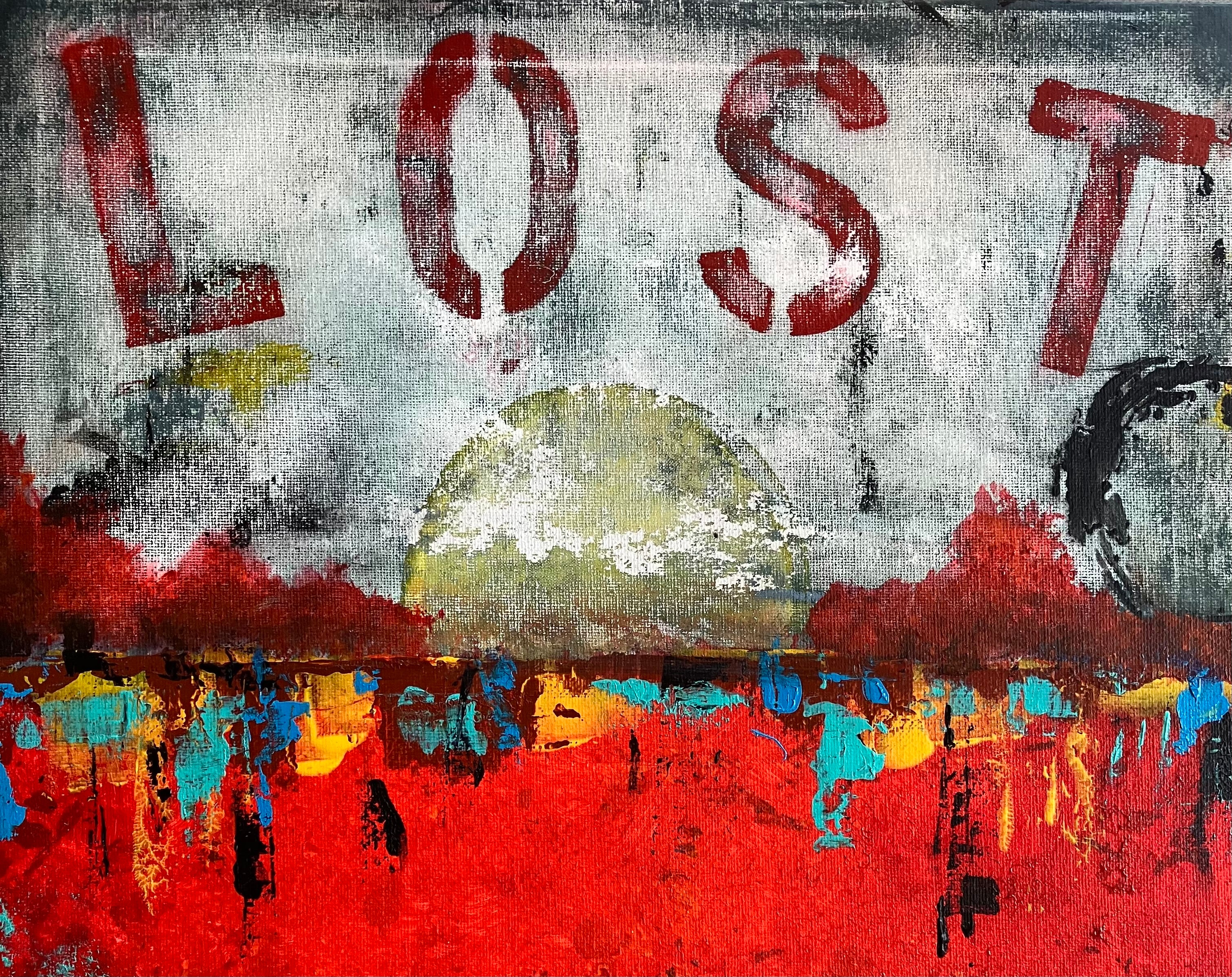 Abstract artwork with the word 'LOST' in red letters on a textured background.