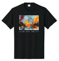Black t-shirt with colorful graphic and 'Rise and Resist' text on a white background
