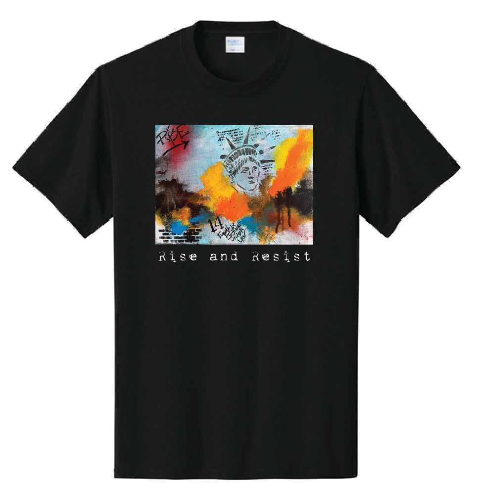 Black t-shirt with colorful graphic and 'Rise and Resist' text on a white background