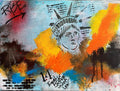 Artistic depiction of the Statue of Liberty with colorful abstract elements and graffiti.