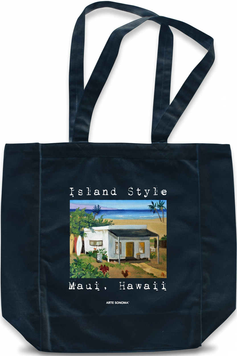 Black tote bag with a beach scene and 'Island Style Maui, Hawaii' text on a white background