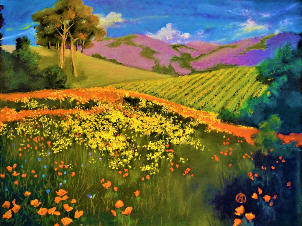 Mustard and Poppies vineyard digital print 8" x 11"