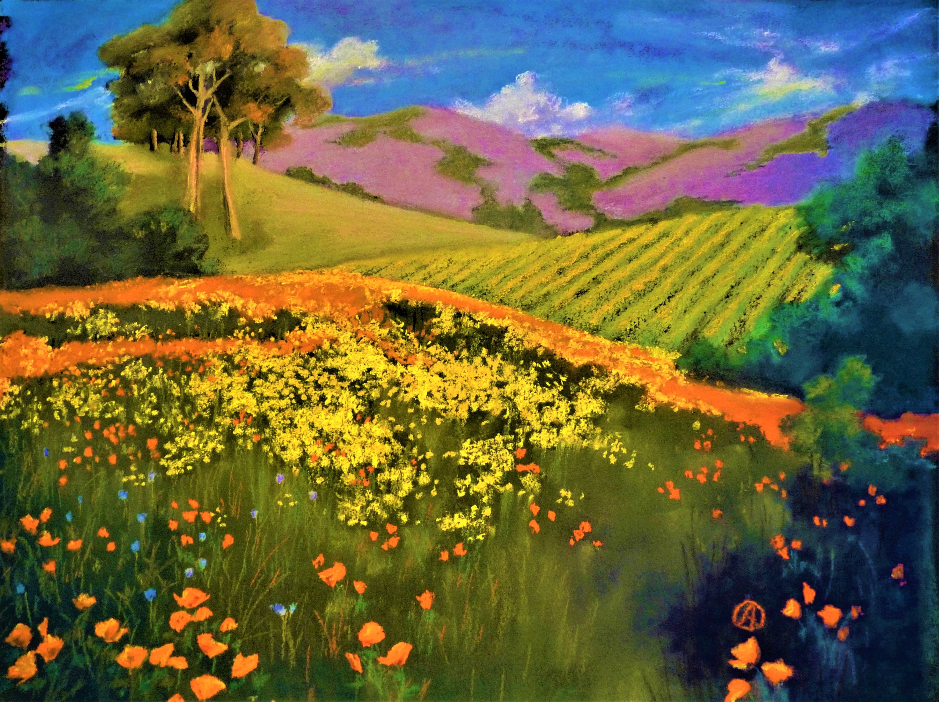 Mustard and Poppies vineyard digital print 8" x 11"