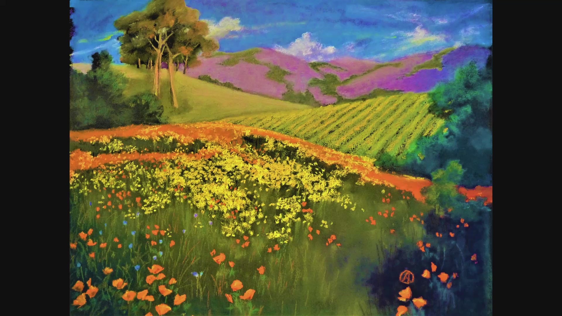 Art print of a Sonoma County vineyard scene with golden mustard fields and orange poppies, painted by Sonoma County artist Andrea Cleall, 8 by 11 inches"