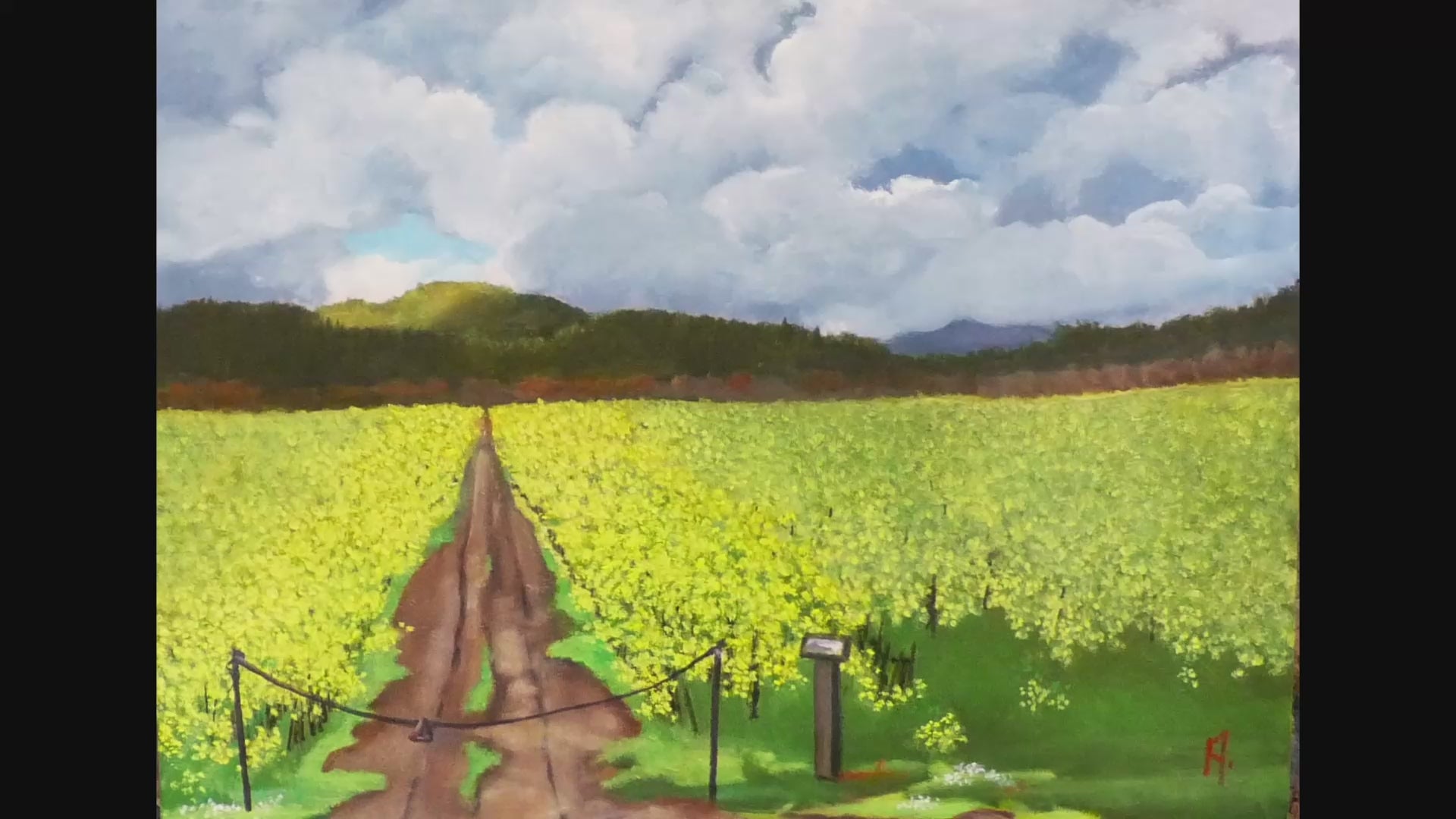Inspired art print of a Russian River Valley vineyard scene with golden mustard fields and dramatic clouds, painted by Sonoma County artist Andrea Cleall, 8 by 11 inches"
