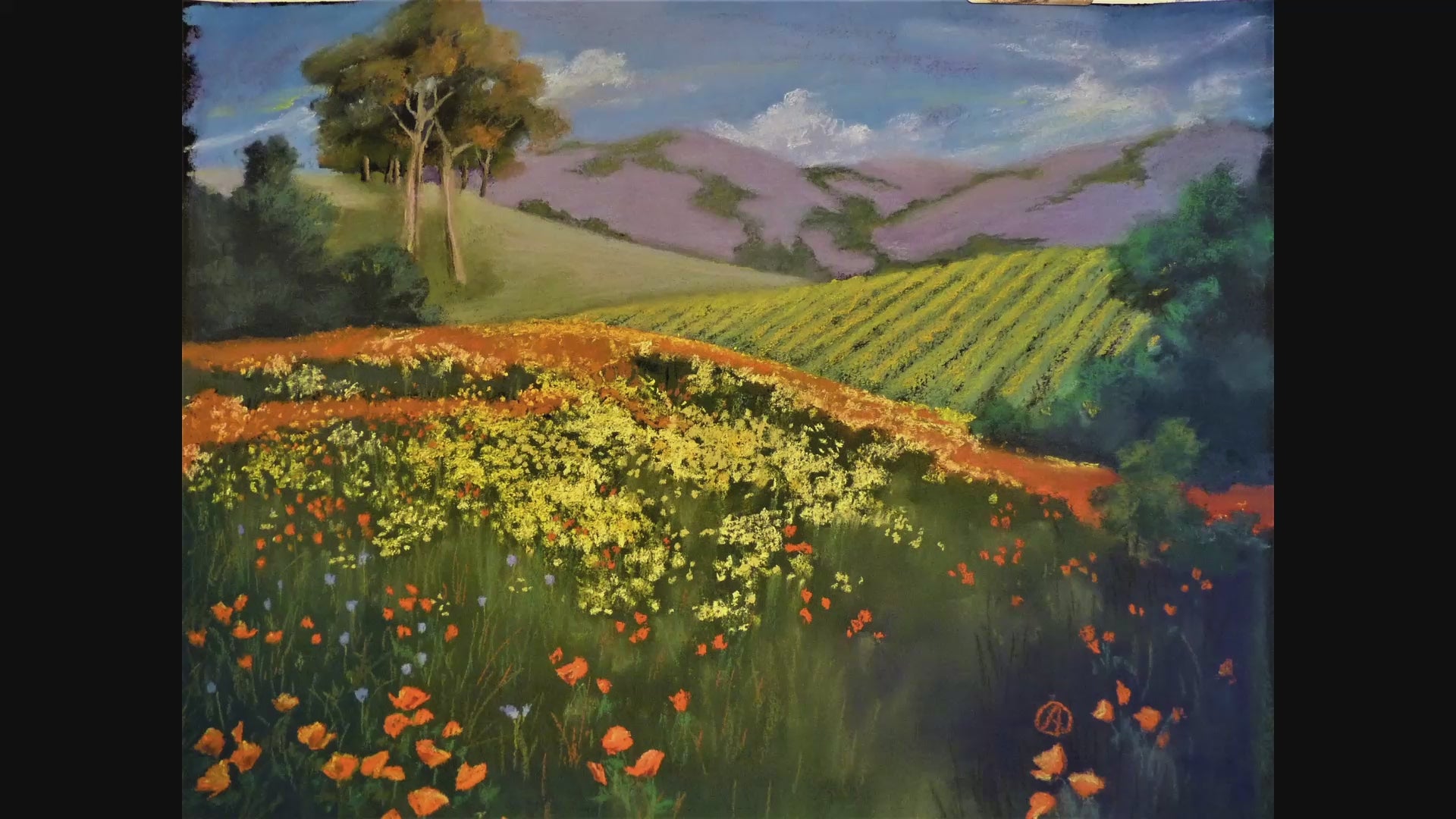 Art print of a Sonoma County vineyard scene with golden mustard fields and orange poppies, painted by Sonoma County artist Andrea Cleall, 18 by 24 inches.