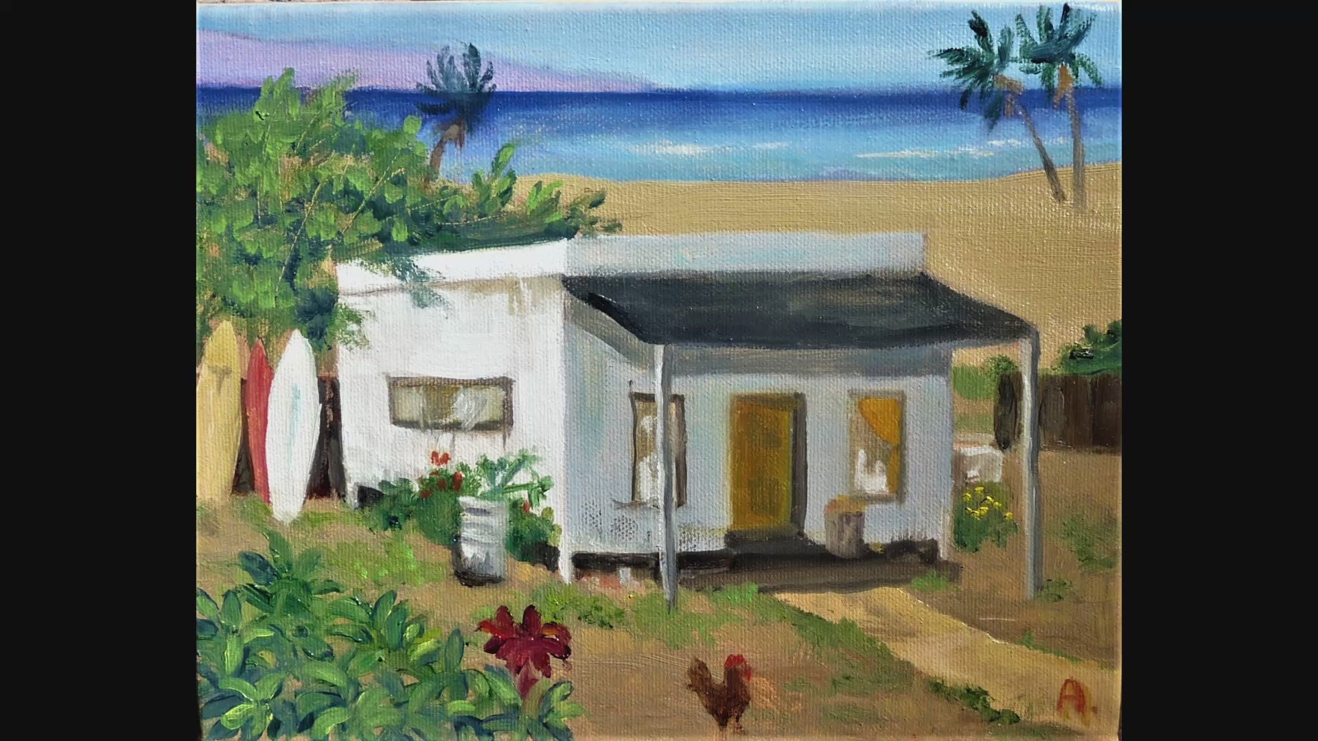 "Digital print of a surf shack on the Hana Road, Maui, from an original oil painting by Sonoma County artist Andrea Cleall, 8x11 inches"