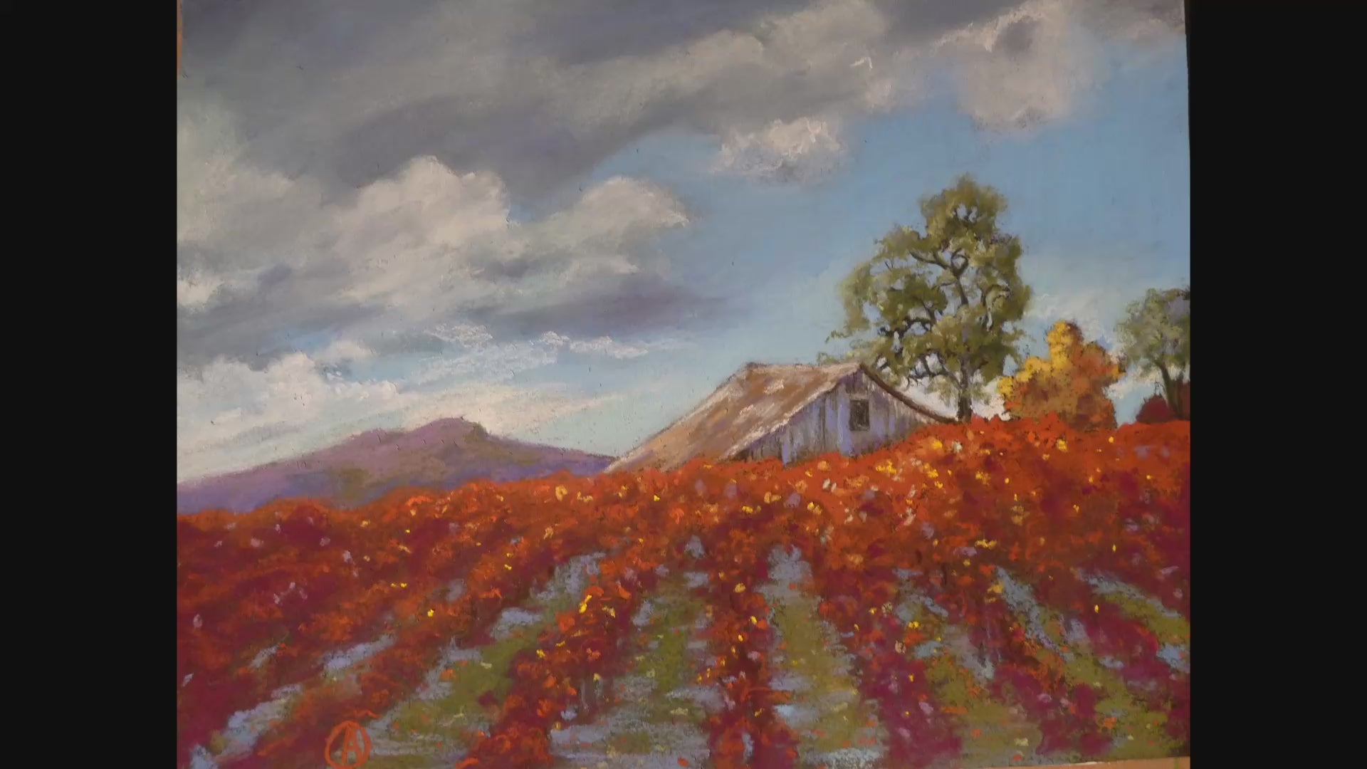 "Arte Sonoma Autumn Vineyard digital print product video featuring an original oil painting of vibrant red grapevines, a rustic barn, oak trees, and purple mountains under a dramatic cloudy sky by Sonoma County artist Andrea Cleall".