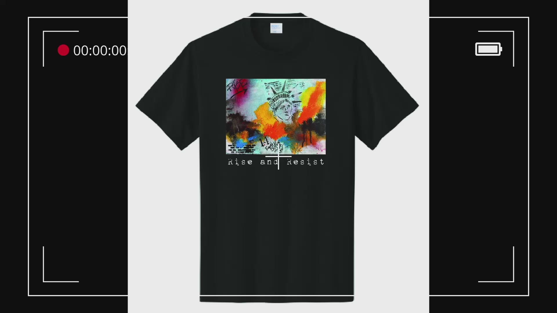  "Black Arte Sonoma Rise and Resist t-shirt featuring graffiti-style Statue of Liberty artwork with bold brushstrokes by Sonoma County trans artist Orlando O'Shea".
