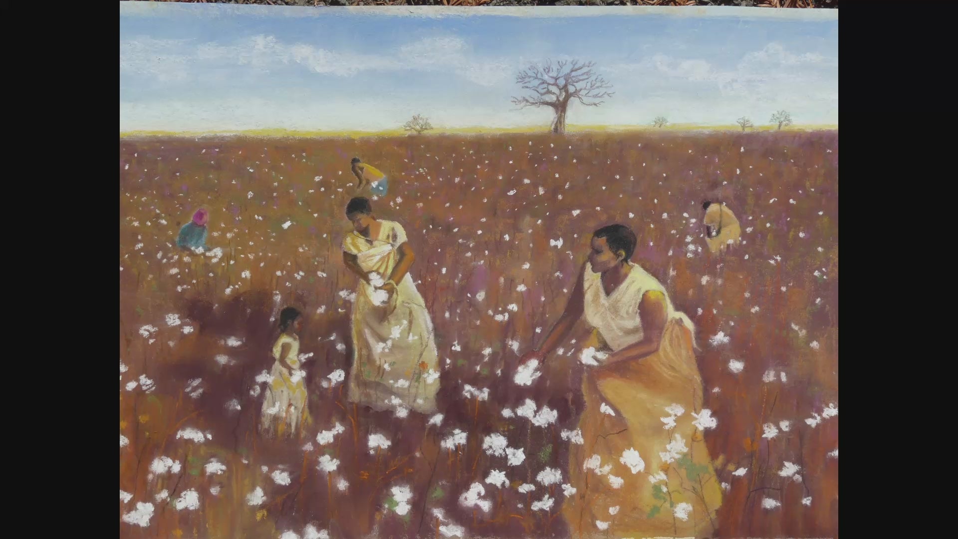 "Art print of cotton field workers in the rural South, 12x18 inches, by Sonoma County artist Andrea Cleall"