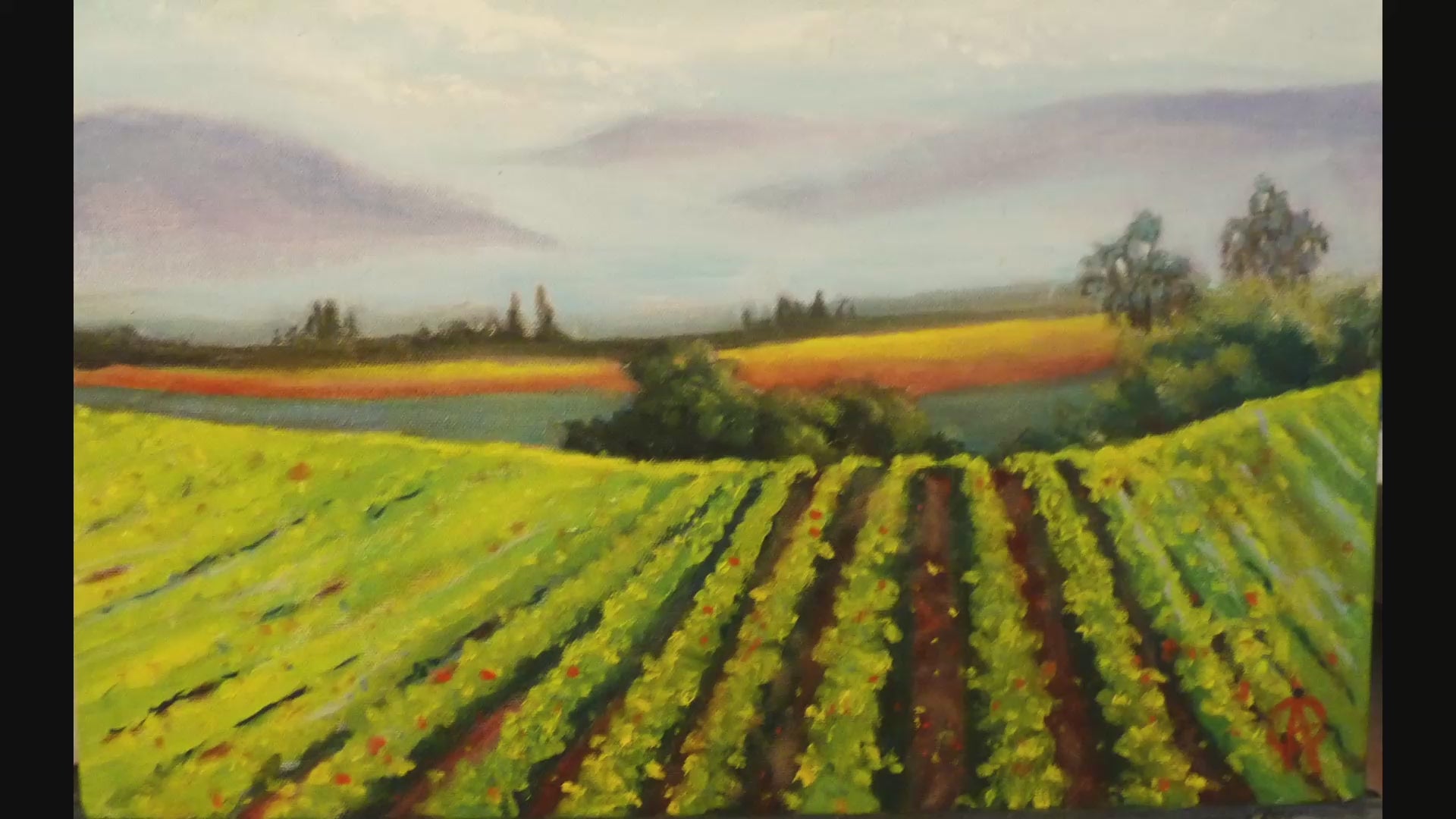 "Foggy morning mist over Sonoma County vineyard in Dry Creek Valley, Healdsburg, California, from original oil painting by Sonoma County artist Andrea Cleall".